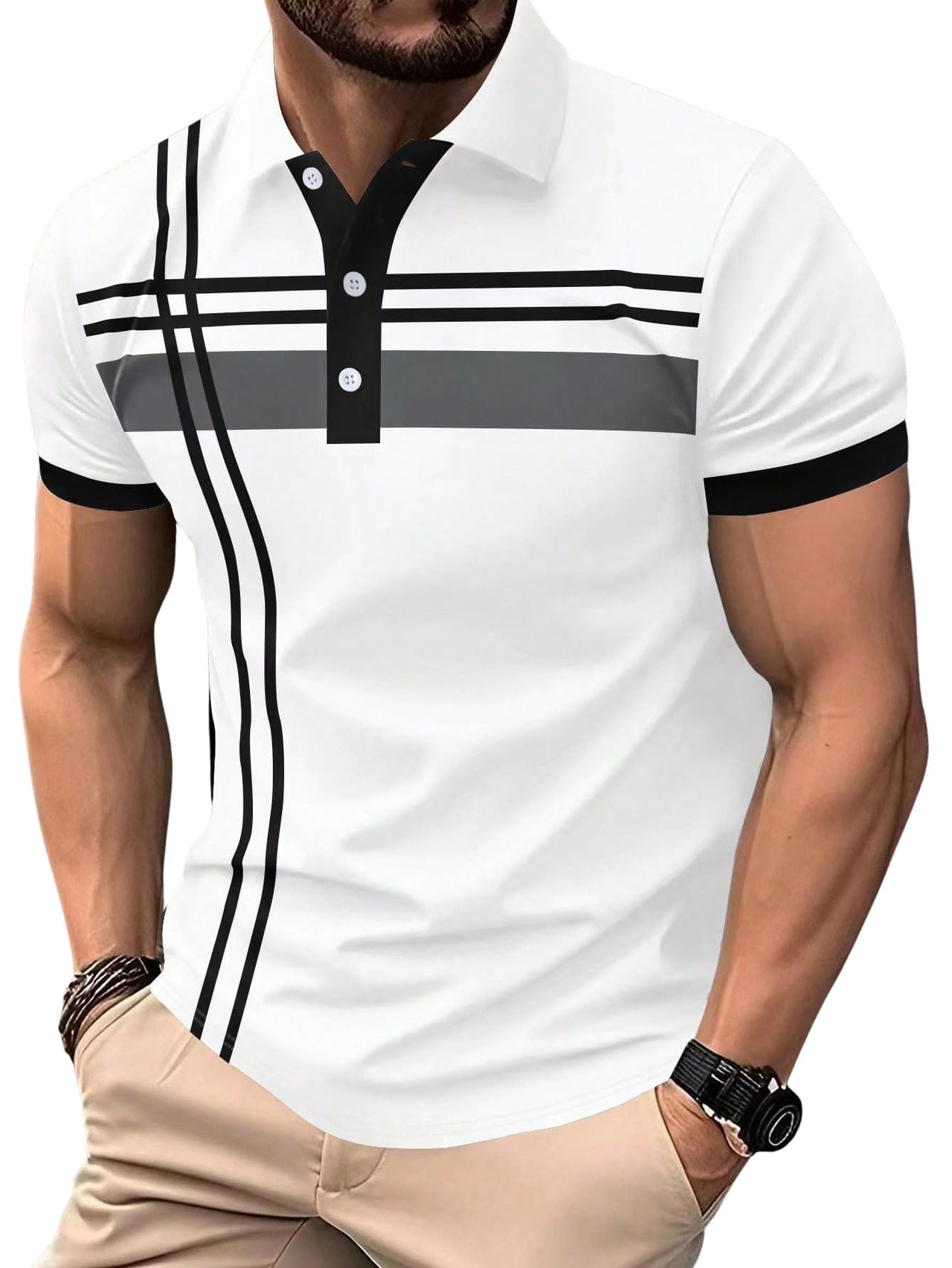 SOLY HUX Men's Summer Striped Button-Up T-Shirt